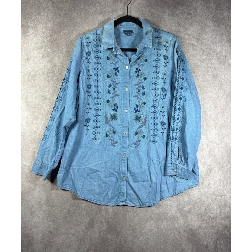 J. Jill Denim Shirt Women Medium Blue Embroidered Button Down Floral Boho Shirt